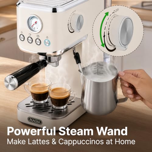 Image of Zulay Kitchen Magia Compact Espresso Machine - 20 Bar Coffee Maker with Milk Frother Steam Wand, Latte & Cappuccino Maker, 1350W Fast Heating, 40oz Removable Water Tank, Stainless Steel - Cream
