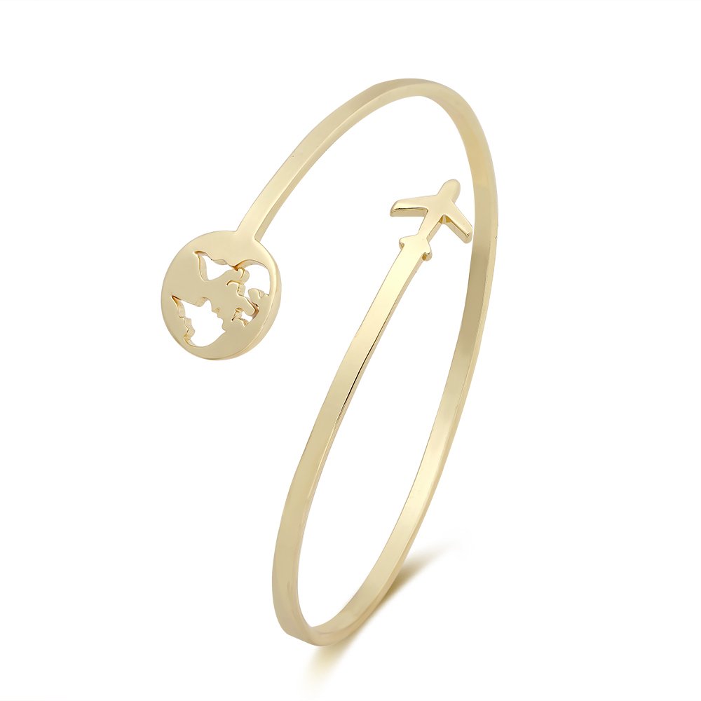 TUSHUO 3 Colors Personality Simple Copper Plane and Hollow Map Opening Bracelets Bangle for Women (Gold)