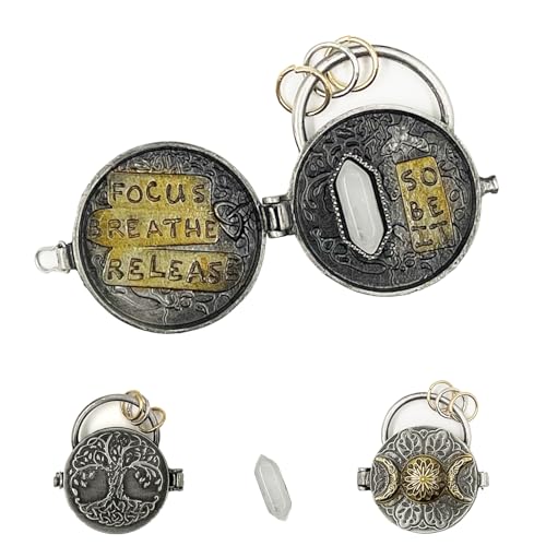 Triple Moon Silver Locket with Tree of Life, Mantra Locket, Personal Magical Space with Clear Quartz Crystals, Sacred Silver Altar for Intention and Meditation