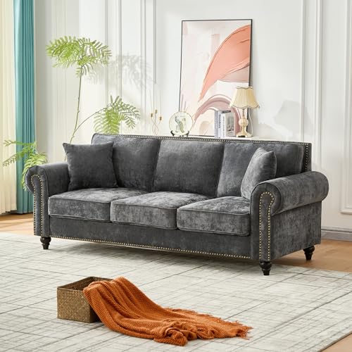 Image of KEIKI 87 inch Oversized Chenille Sofa with Rolled Arms and Nailhead Trim, Upholstered Modern Style 3-Seater Couch with High-Density Foam Cushions, Easy Assembly, for Apartment, Living Room, Grey