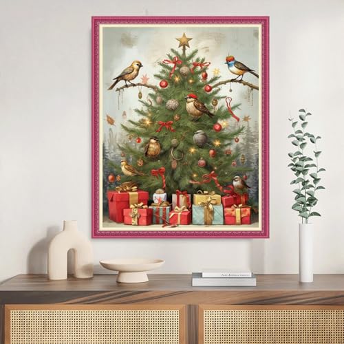 Image of Joyhoor Cross Stitch Kits for Beginners Stamped Cross-Stitch Supplies Needlework preprint Embroidery Kits for Adults DIY Needlepoint Kits Embroidery Patterns 11CT-Christmas Tree Bird 16.x20 inch