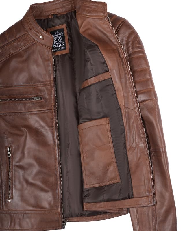 Image of Blingsoul Men's Leather Jacket - Real Lambskin Motorcycle Cafe Racer Biker Style Jacket