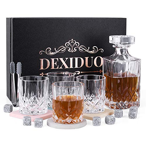 DEXIDUO Whiskey Decanter & Whisky Glasses Set with Luxury Box, 10 Oz Rocks Barware for Bourbon, Scotch Whisky, Cocktails, Cognac - Old Fashioned Cocktail Tumblers (glass set of 4 with bottle)