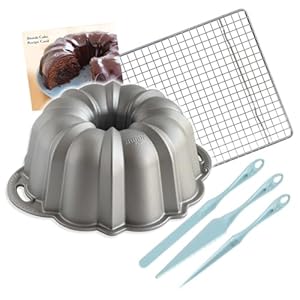 Nordic Ware Platinum Silver 12 Cup Anniversary Bundt Pan With Bundt Finishing Tool Kit + Cooling Rack and Recipe Card