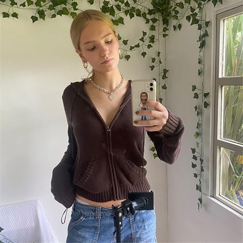 Yuemengxuan Women Zip Up Hoodie Y2k Vintage Long Sleeve Knitted Sweatshirt 90s Crop top Knitwear Coat Jacket Streetwear3