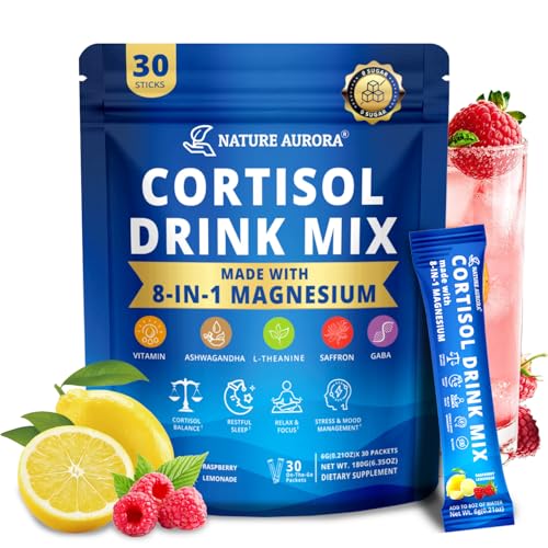 Cortisol Drink Mix Super Cortisol Reducer Supplement Calming Drink for Women Men With 8-in-1 Magnesium Ashwagandha Saffron GABA & L-Theanine - For Calm Relax Focus Mood- Raspberry Lemonade 30ct