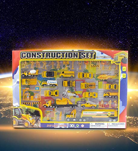 Mozlly Diecast Mini Construction Crew Theme Assorted Vehicles Figures Variety Accessories for Boys Kids Children Pre-Kindergarten Toys Games 42 Piece Play Set Ideal Gift Vehicle Playsets