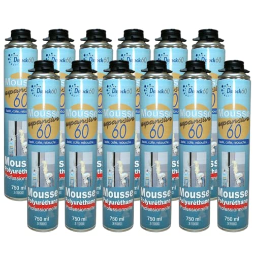 DSTOCK60 - Lot de 12 mousses expansives - 750 ml - Mousse polyuréthane professionnelle pistolable - Isole, colle et rebouche - Extérieur et intérieur