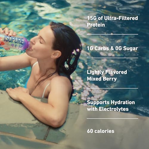 Image of Isopure Clear Protein Water with Electrolytes, 15g Whey Protein Isolate, Zero Sugar, Mixed Berry, 20 fl oz Bottle, 1 Count