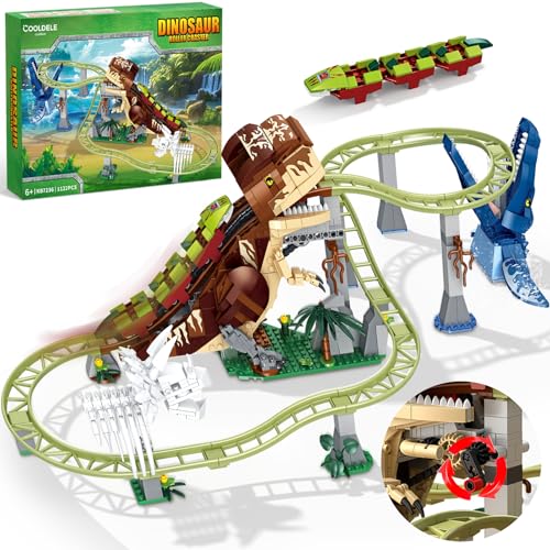 Cooldele Hand-cranked Dinosaur Rollercoaster Building set 1122 PCS Roller Coaster Building Blocks Kit with Dinosaurs 1 Rail car Xmas Birthday Gifts for Adults and Kids Ages 8 9 10 11 12