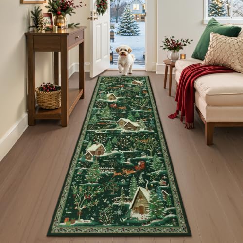 Tribesigns 2.5x8 Christmas Runner Rug for Hallway, Non-Slip Washable Kitchen Runners 8ft, Stain Resistant Soft Reindeer Floor Carpet Runner for Bathroom Bedside Hall Entyway, Green/2.5X8