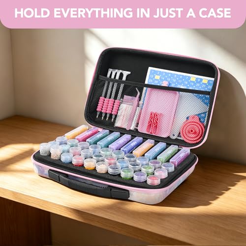 Image of MERATIA Diamond Painting Storage Case Organizer, 40 Slots with Accessories | Starlit Mist hard-shell case with 10 flip-top boxes, 30 screw-top jars, foam insert, mesh pocket and tools.