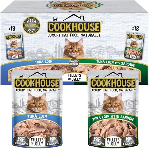 COOKHOUSE 100% Natural & Complete Luxury Wet Cat Food - 36 x 70g Pouches - Tuna Loin/Tuna Loin with Sardine - Fillets in Jelly
