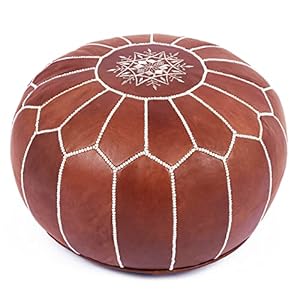Marrakesh Gallery Genuine Leather Round Pouf Unstuffed – Moroccan Ottoman Footstool, Footrest Cover – Boho Decor – Bohemian Living Room, Bedroom, Kids Room, Gift & Wedding (Dark Tan)