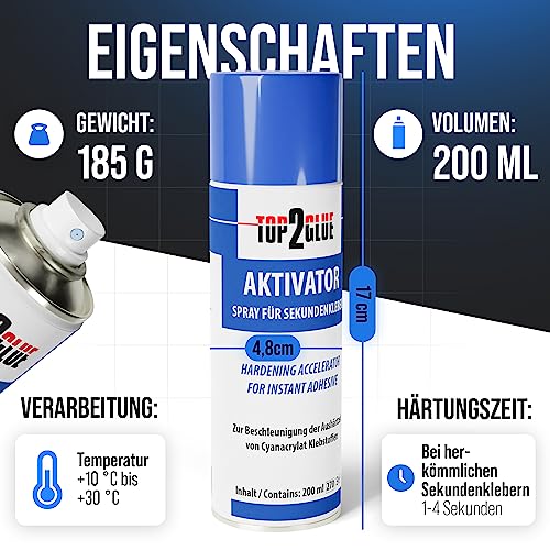 Top2Glue Sekundenkleber Aktivator Spray 200ml - Sprühdose für blitzschnelles Aushärten von Sekundenklebern - Cyanacrylat Aushärtungsbeschleuniger - starke Verklebung mit allen Sekundenklebern (1Dose)