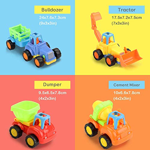 Liberty Imports Set Of 4 Cartoon Friction Powered Push And Play Construction Vehicles For Toddlers - Dump Truck, Cement Mixer, Bulldozer, Tractor #TOP3