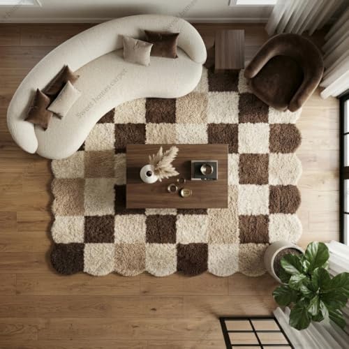 Image of SWEET HOMES Brown Beige Carpet for Living Room Shaggy Checkered Area Rug | Ultra Soft Irregular Shape, 6 x 8 Feet (183 x 244 cm), Beige-Brown A1