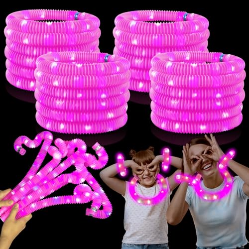 Kannove Pink Glow Sticks Party Favors for Kids 24 PCS,LED Light up Pop Tubes for Toddlers, Neon Necklaces Bracelets Accessories, Glow Birthday Wedding Dance Party Supplies Camping Toys Decorations