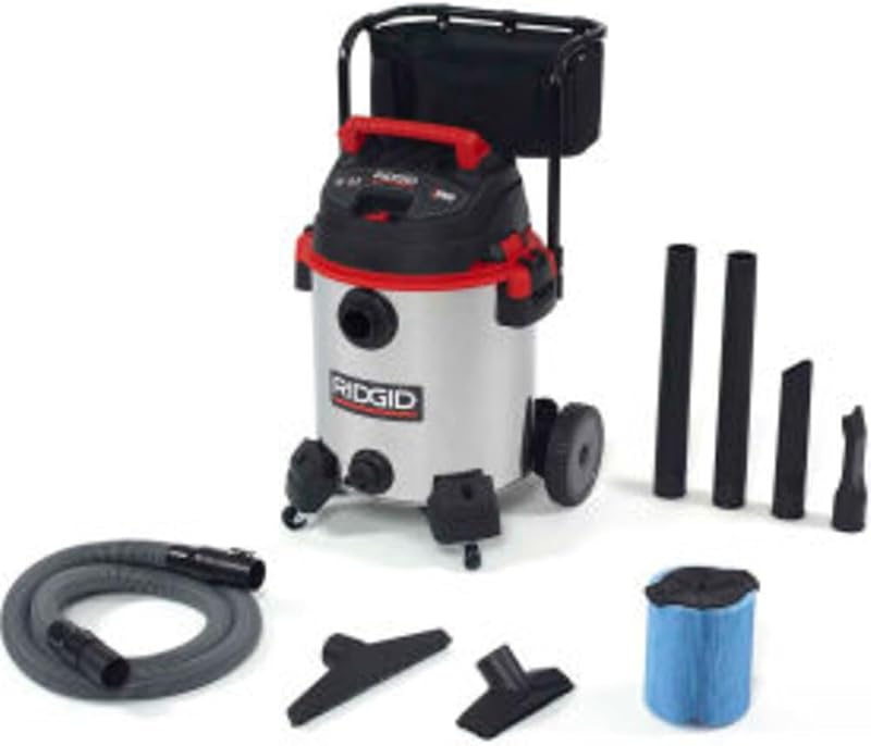 RIDGID 50353 1610RV Stainless Steel 16-Gal. Wet Dry Shop Vacuum with Cart, 6.5 Peak HP Motor, Large Wheels, Pro Hose, Drain, and Blower Port, Red