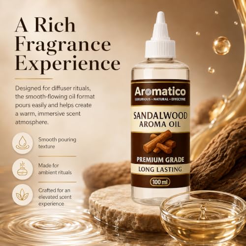 Image of AROMATICO Pure Sandalwood Aroma Diffuser Oil | Long-Lasting Fragrance Oil for Homes, Offices & Showrooms. Ideal Aromatherapy for Diffusers, Reed Diffusers, Air-Purifiers & Candles 100 ml