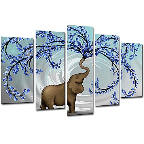 Klvos Elephant Painting Wall Decor Large 5 Panel Blue Tree Wall Art For Living Room Bedroom Original Painting Picture Giclee Prints On Canvas Stretched Gallery Wrap Ready To Hang W-40 X H-24 #TOP25