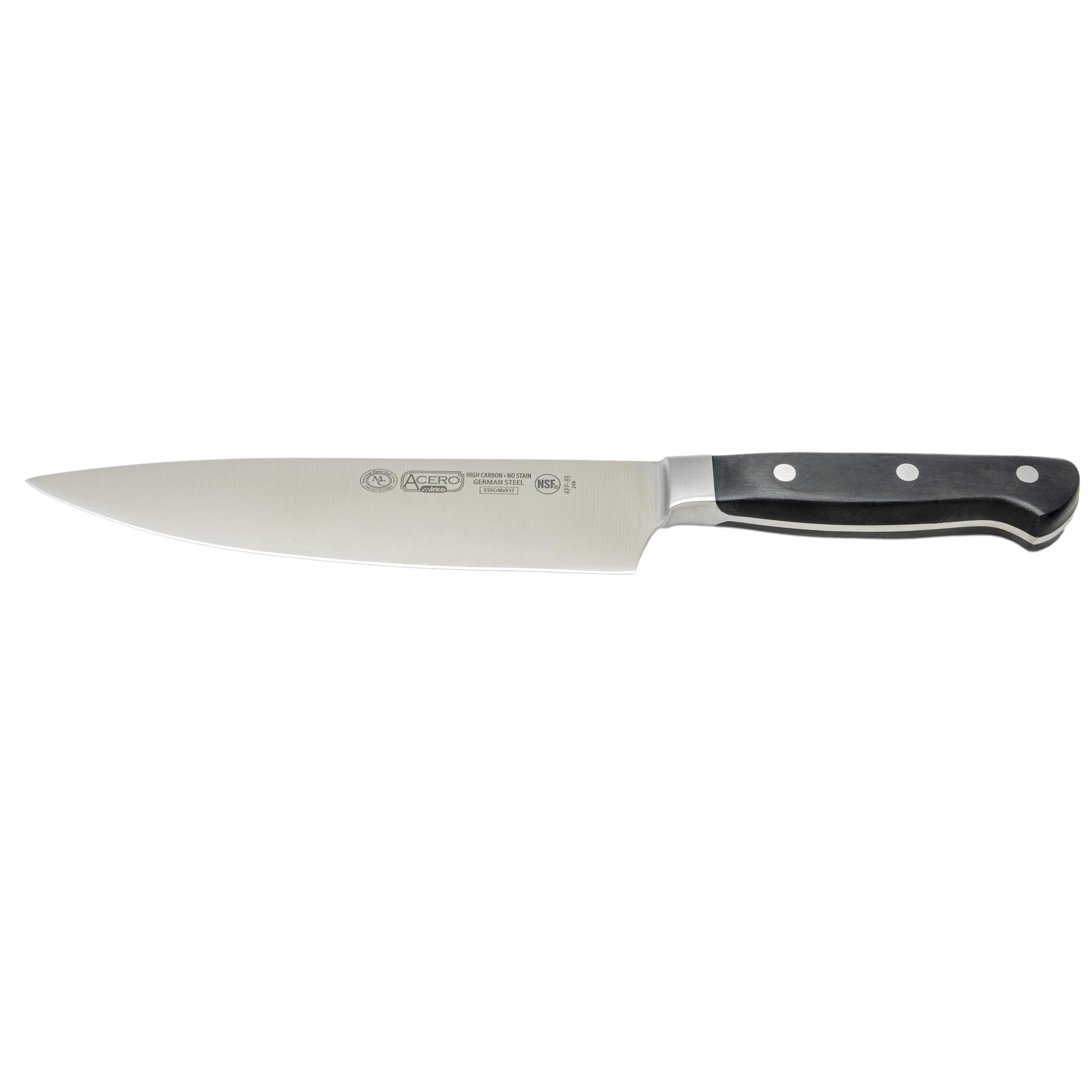 Winco 8" Chef's Stainless Steel Knife, High Carbon Steel, Short Bolster