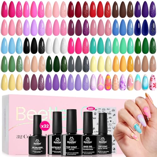 Image of Beetles Gel Nail Polish Set - 32 Colors Brown Green Orange Red White Blue Purple Nude Black Pink Gel Polish, UV LED Soak Off Nail Kit with Base and Top Coat All Season Gift for Women
