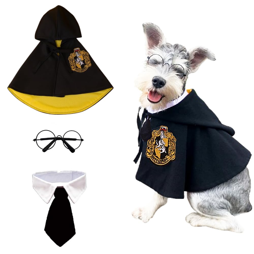 ANIAC Dog Cat Halloween Costume 3 Pieces Pet Clothes with Cloak Glasses Tie Halloween Outfit Puppy Wizard Cosplay for Kitten Cat Small Dogs (Black + Yellow)