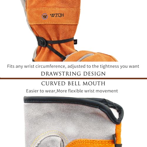 Image of WZQH Leather Work Gloves for Women or Men. Medium Glove for Gardening, Tig /Mig Welding, Construction, Chainsaw, Farm, Ranch, etc. Cowhide, Soft Lining, Utility, Firm Grip, Durable. Orange-Grey M