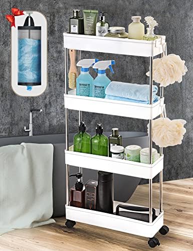 AOSION Slim Storage Cart with Wheels,Narrow Shelf,4-Tier Kitchen Storage Cart, Bathroom Storage Organizer,Mobile Shelving Unit Rolling Cart,Storage Cart for Bedroom Laundry Narrow Places (White)