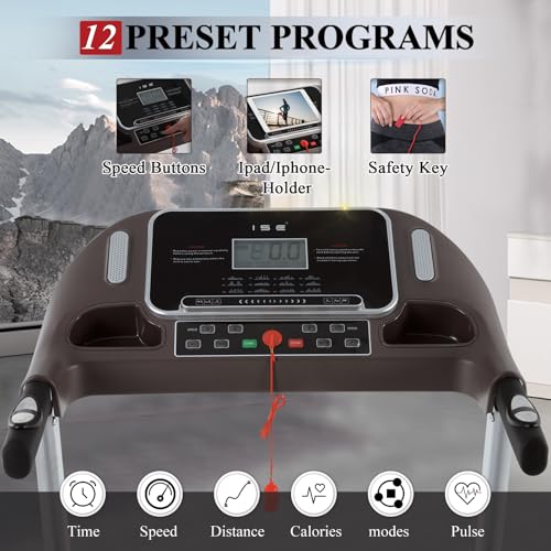 ISE Tapis de Course Pliable Electrique, Tapis de Marche Inclinable Professionnel, Tapis Course Inclinable 14KM/H, Treadmill Motorise 2HP/Écran LCD/12P, Tapis Marche Pliable Maison/Bureau – Image 3