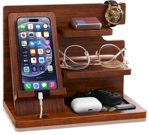 Wood Phone Docking Station for Men - Desk or Nightstand Organizer - Birthday Gifts for Husband, Dad - Anniversary Idea from Wife - Key Holder, Stand Wallet, Watch & Essentials
