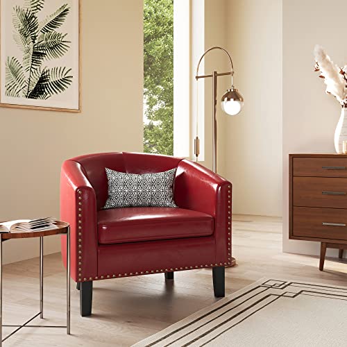 Image of BELLEZE Accent Barrel Chairs Set of 2, Modern Tub Club Chairs Upholstered Armchairs for Living Room, Faux Leather Chairs with Gold Nail Head Trim Black Legs - Kyara (Red)