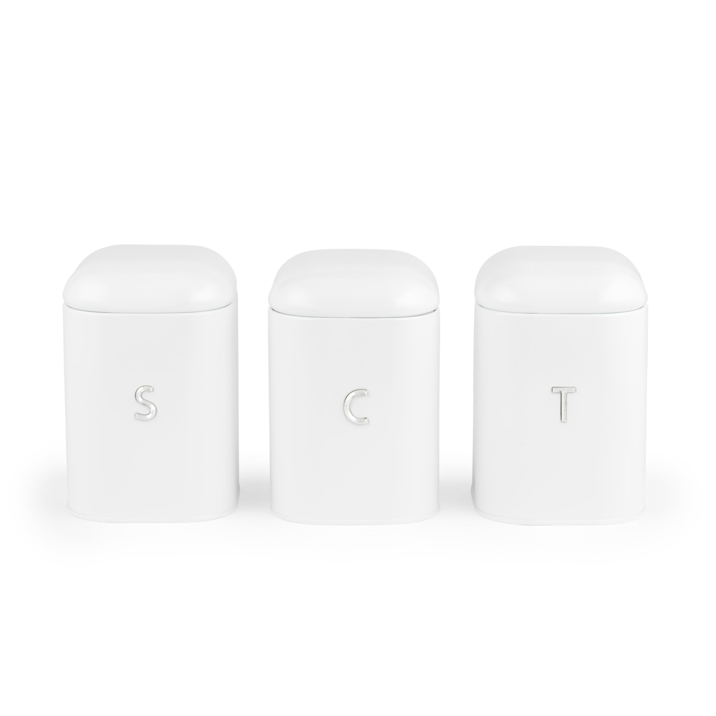 Salter Boston 3-Piece Canister Set – Tea, Coffee, Sugar Tins, Embossed Lettering, Durable Steel, Long-Lasting Freshness, Stylish Kitchen Food Storage Tins, Easy-Open Lids, Ice White Shimmer Finish