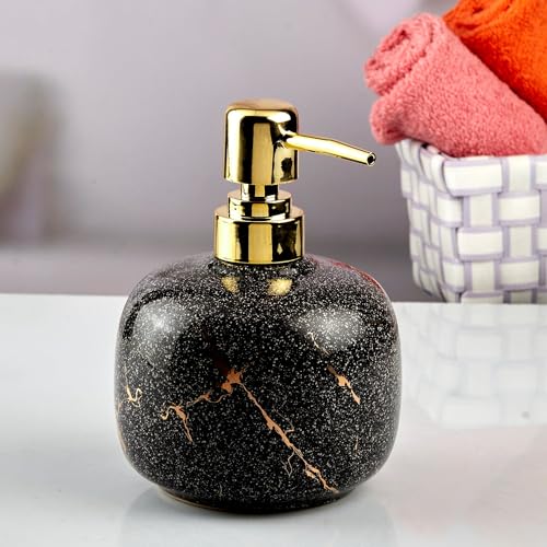 Image of Kookee Ceramic Soap Dispenser with Pump for Kitchen, Bathroom, & Wash Basin, Designer Refillable for Liquid Handwash, Shampoo & Lotion, Leakproof, Set of 2, Black /White (10568)