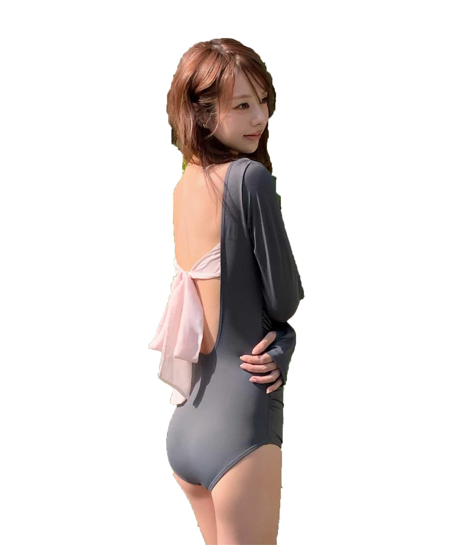 Amazon | [シードレス] バック オープン リボン 長袖 ワンピース/水着