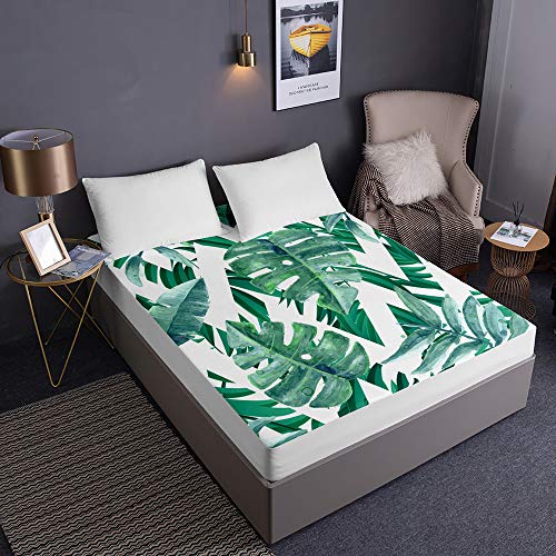 Drap housse microfibre monstera imprimé feuille verte pour lit 150x200