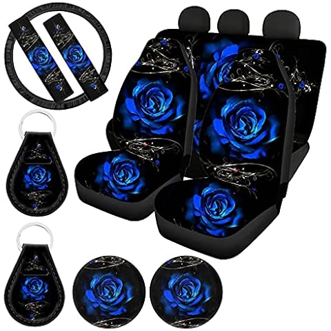HUIACONG Rose Car Seat Covers for Car for Women Blue Black,Front Back Seat Covers Full Set with Steering Wheel Cover+Seatbelt Strap Cover+Coasters+ Key Chains Universal Fit SUV Truck Cover