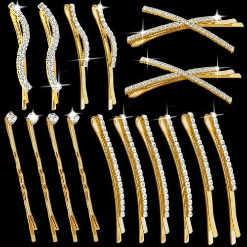 16 Pieces Bobby Pins Rhinestone Sparkling Barrettes Glitter Hairpins for Women Ladies Wedding Prom Party Elegant Bridal Prom Hair Accessories for Formal Events(Gold)