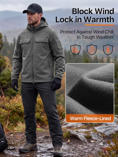 Image of FREE SOLDIER Men's Waterproof Softshell Jacket Fleece Lined Outdoor Jacket Tactical Military Hoodie Windbreaker