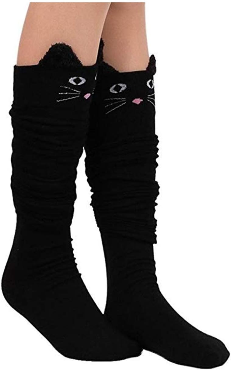 Womens Knee High Socks, womens socks, PXH Ladies Cat Catoon Cute Novelty Long Socks Over Knee High Sock. Black 58cm/22.83"