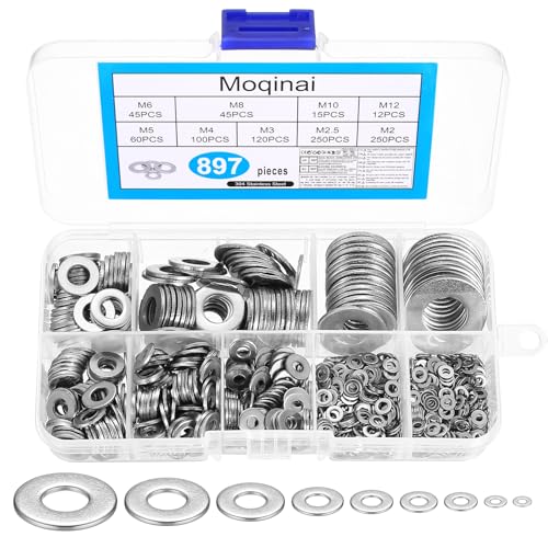 Moqinai 897 Stück Edelstahl Unterlegscheiben Set, Beilagscheiben Sortiment, Flache Unterlegscheiben Sortiment, Metall Sicherungsscheiben Distanzscheiben für Schrauben, M2 M2.5 M3 M4 M5 M6 M8 M10 M12