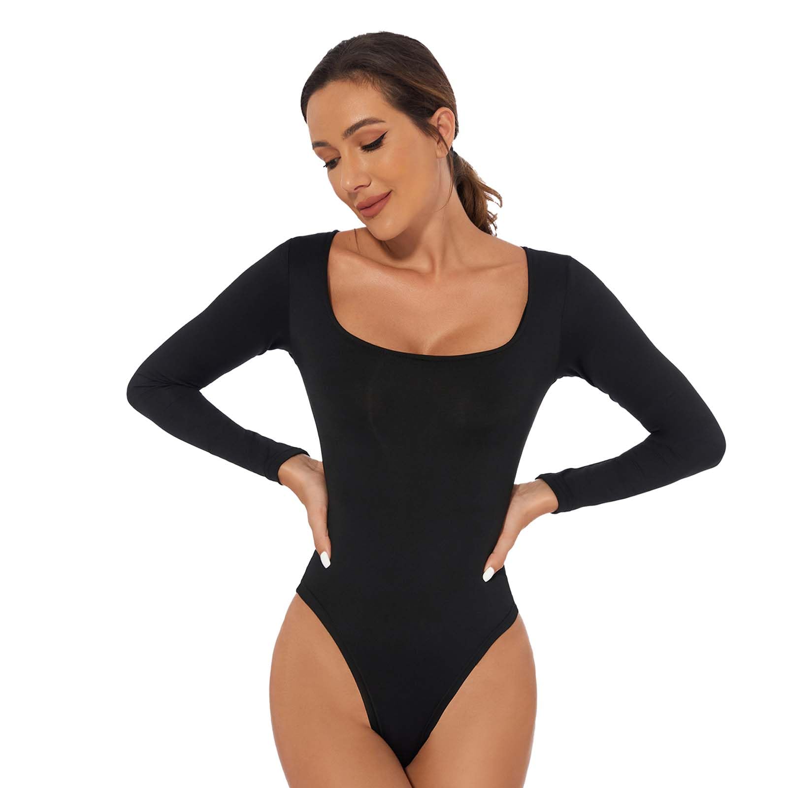 MeeQeeBodysuit for Women Long Sleeve Square Neck Bodysuit Stretch Slim Fitted Solid Leotards Tops Basic T Shirts Going Out Jumpsuit