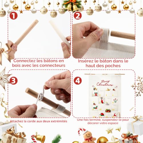 Staranry Calendrier de l’Avent à Remplir en Tissu, Calendrier de l’Avent à Compte à Rebours avec 24 Poches, Décoration de Noël Réutilisable à Suspendre – vue 4