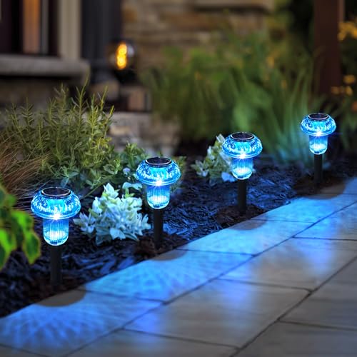 Easter Solar Pathway Lights Outdoor Decorative 4 Pack, Blue LED Mushroom Solar Lights Outdoor Waterproof Solar Powered Decor for Yard Driveway Patio, Valentines Day Halloween Christmas Garden Decor