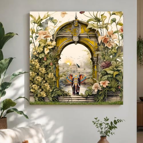 Image of PAINTINGMANTRA Stretched Canvas Painting Mughal Garden with Elephant Modern Wall for Home Decor, Living Room, Wall Decoration Paintings (Green, Size: 22x22 Inch)