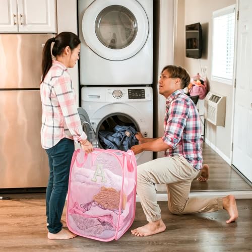 Image of Collapsible Pop Up Laundry Hamper, Extra Large with Removable Initial Letter A, Mesh Foldable Laundry Basket, 28 inch x 16 inch x 16 inch (Pink)