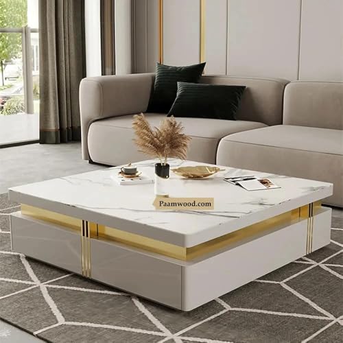 Image of Premium Marble-Top Wooden Center Table with Drawer for Living Room | Luxury Modern Coffee Table | Contemporary Design Craftsmanship - 36X36X17 Inch (White)