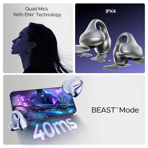 Image of Boat Airdopes Loop OWS Earbuds w /Clip-On Fit, Air Conduction Tech, 50HRS Battery, 4Mics ENx, Dual EQ Modes, 12mm Drivers, 40ms Latency, ASAP Charge, OWS Ear Buds in Ear Bluetooth Earphones(Cool Grey)