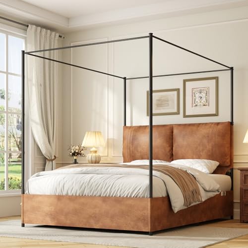 SAMTRA Modern Canopy Bed Frame with Upholstered Faux Leather Headboard – Tall Four Poster Metal Platform Bed, No Box Spring Needed, Queen Size, Brown and Black
